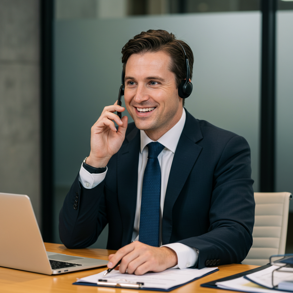 A smiling accountant with a headset providing professional services
